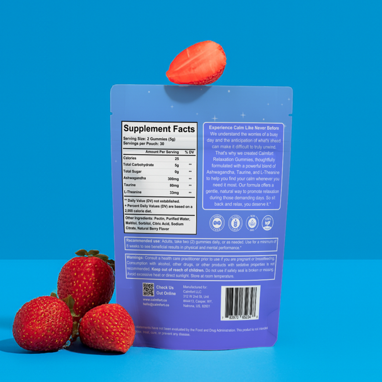 Supplement package with strawberry on a blue background